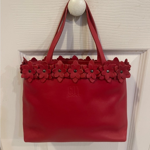 City DKNY Small Red Tote Leather Flowers Trim Two Handles - Picture 1 of 9
